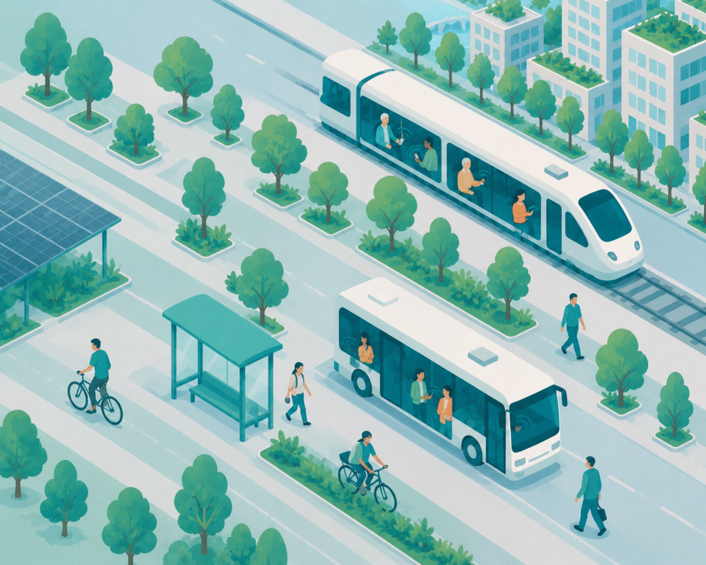 Eine nachhaltige Stadt, verbunden durch den öffentlichen Verkehr